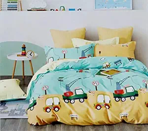 YKC Cars Print Glace Cotton Bedsheet for Kids Double Bed Boys / Girls - Sheet Size 90 x 100 inch with 2 Pillow Covers