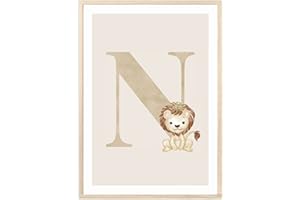 MeinBaby123® Buchstaben Poster DIN A4 Kinderzimmer Mädchen und Junge | Babyzimmer Deko | Bilder Kinderzimmer | Geschenkideen zur Geburt | Geburtsposter | Anfangsbuchstabe Poster (Löwe - N)