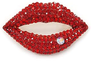 Avalaya Hot Red Crystal Lips Brooch in Gold Plating - 50mm L