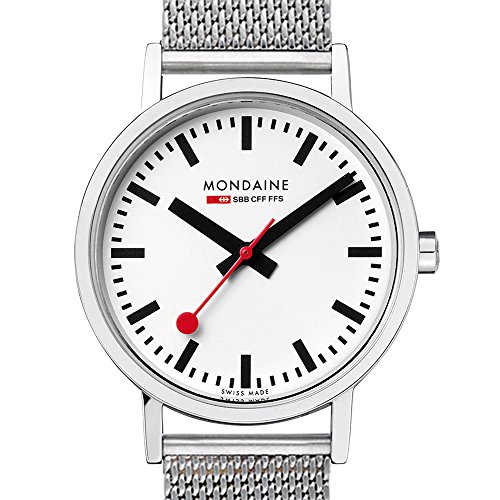 Mondaine Men's Classic 36 mm Watch with Stainless Steel polished Case white Dial and milanaise mesh bracelet Strap A660.30314.11SBV