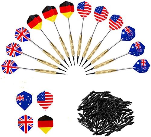 Plastic Darts Set,Waalvis practical darts arrow kit for Electronic Dartboard, 12 pieces Soft Dart(18g) with Black Plastic Dart Tips, brass-plated Steel Barrels, Aluminum Shafts 16 flags fins and 100 durable Tips,gift set for darts ameturer