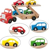 Woody Holz Autotransporter 30,5x16x7cm / Transporter für Autos mit 4 bunten Autos - 3