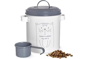 Sendez Tarro de comida seca con tapa y cuchara, lata de Mettaldose para animales, caja de comida para gatos, almacenamiento de alimentos para gatos