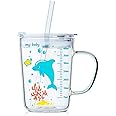 Volwco Cute Heat-Resistant Drinking Cups With Leak Proof Regular Lids And Straw With Scale For Kids (Transparent)