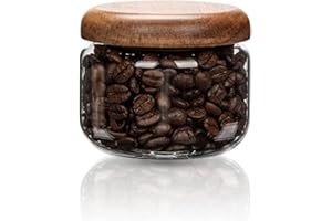 HolaJia Barattolo ermetico per caffè in vetro, contenitore decorativo trasparente con coperchio in noce (300 ml))