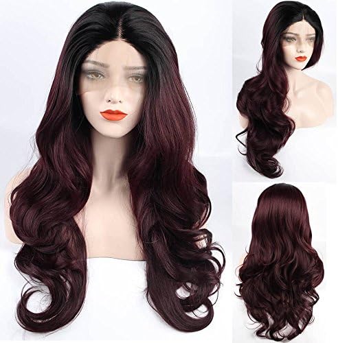ZeroBlizzard Long Wave Red Wine 2 Tone Ombre Wig Glueless Lace Front Synthetic Long Wavy Dark Roots Red Wigs For Women Heat Resistant Fiber Hair(24",red wine)