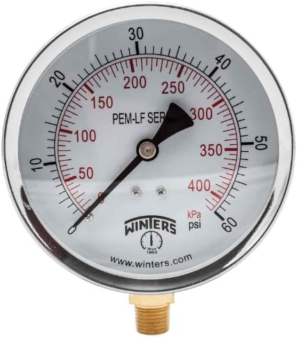 Winters PEM222LF PEM-LF Series Pressure Gauge, 4" Dial size, 1/4" NPT, 0/60 psi/kpa, ±3-2-3% accuracy
