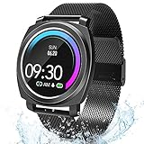 【Smartwatch Multifuncional】Disponibe con muchas funciones los siguientes：monitor del ritmo cardíaco, sueño y calorías, presión arterial, podómetro, cronómetro, control de cámara, alerta sedentaria, impermeable 67, notificaciones de SMS y llamada, Además tiene un función femenina, puede registrar datos del período de la menstruación, el embarazo preparado, el embarazo y la crianza. Los funciones para que abtengan un buen salud.