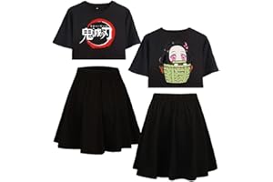 Yumenam Fille Demon Slayer Survêtement Kamado Nezuko Imprimé Crop Tops + Jupe Ensemble de 2 PCS Casual Manches Courtes T-Shirt et Jupe été Pyjamas Sets Costume de Cosplay Sportswear