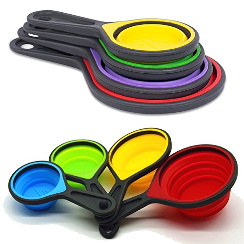 Faltbare Silikon-Messbecher und Löffel 8 Stück Set Messgerät mit Gravur Metrisch/Amerikanisch für messen ohne waage, platzsparend, bunt - 6
