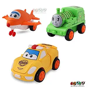 Gooyo 360 Degree Rotate Pull N Push Back Deformation Robot Converting Mini Aeroplane, Car, Engine to Robot Toys for Children Gift-Pack of 3 Assorted Color