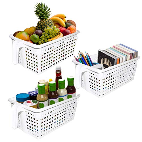 Kurtzy Corbeille Boîte de Rangement Blanche avec Poignée Lot de 3 - Organisateur Plastique de Cuisine - Paniers Empilables pour Chambres à Coucher, Bureaux, Armoires et Salle de Bains Bacs de Rangement 28x13x11 cm