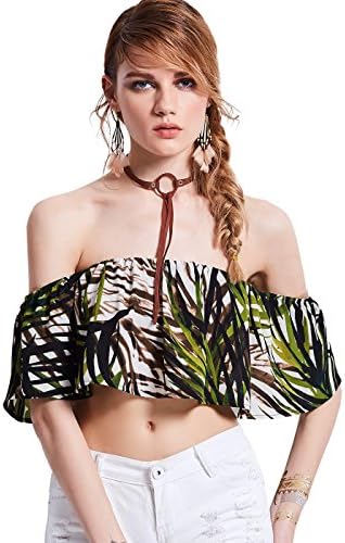 Bohoartist Women Summer Slash Neck Slim Colorful Plant Print Casual Stretch Tshirt Short Frill Crop Top