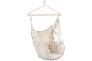 Bakaji Poltrona Sospesa da Esterno Giardino in Tessuto Sedia Dondolo Pensile Amaca Terrazzo Campeggio con Staffa in legno + 2 Cuscini Design Moderno Portata 120Kg 120 x 90 x 60 cm (Beige)