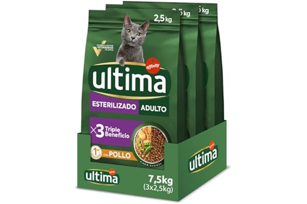 Ultima Pienso para Gatos Adultos Esterilizados con Pollo - Caja de 3 x 2,5kg - Total 7,5kg