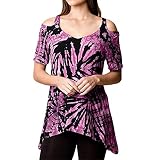 iHENGH Damen Top Bluse Bequem Lässig Mode T-Shirt Frühling Sommer Blusen Frauen Schulterfrei Unregelmäßige Lässige Tie Dyeing Print Bluse Shirt Tops(Lila, 5XL)