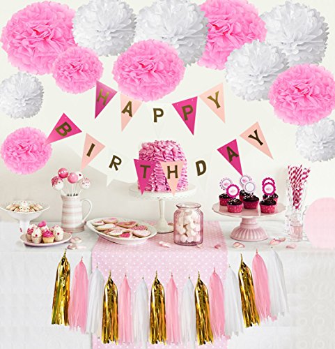 Happy Birthday Girlande Set, Wartoon Habby Birthday Alles Gute Zum Dekoration Deko Geburtstag Girlande Quasten Girlande Geburtstag und Pompoms Quaste für Geburtstag Dekoration(Rosa und Weiß) - 2
