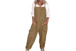 KUIH Linen Dungarees for Women UK, Casual Jumpsuit Dungarees Women'S Work Trousers Summer Overall Jumper Sleeveless Dungarees Wide Leg Large Pocket Oversize Leisure Suit One Piece for Holiday Outgoing