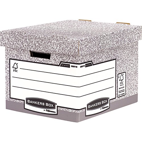 10 BANKERS BOX System Heavy Duty R-Kive Large Storage Box with Lids - Cardboard Storage Box with Lids for Office Storage - Archive Boxes with Handles - W33.3 x H28.5 x D39cm (Pack of 10) - GreyThe Forest Stewardship Council