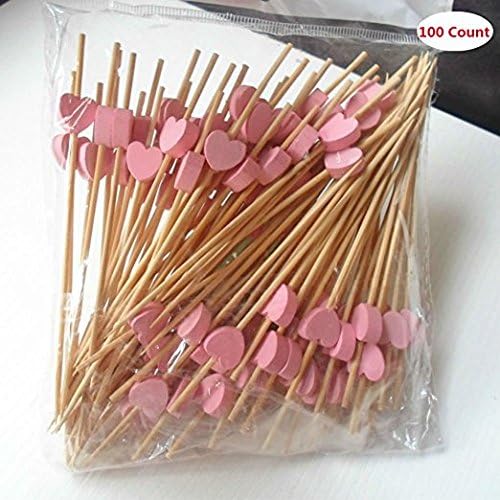 Lenhar 100 Counts Handmade 4.7" Pink Heart Cocktail Sticks Sandwich Fruit Toothpicks Cocktail Picks Party Supplies