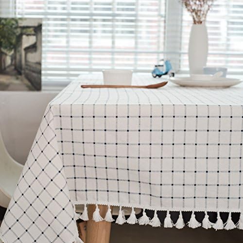 meioro Tablecloth Table Cover Cloth White and blue plaid tablecloths Mediterranean style Fresh and artistic cotton and tassel tablecloths Rectangular coffee table tablecloths(Blue and White,60×60cm)