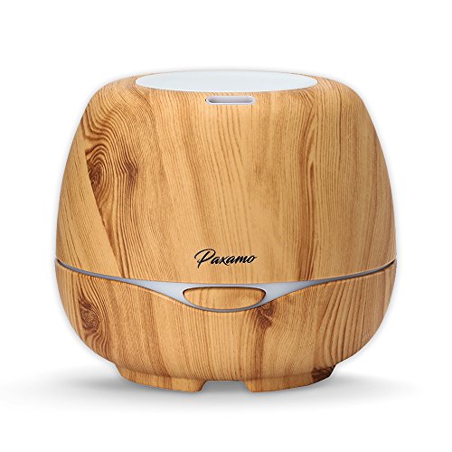 Paxamo Humidificador Ultrasónico Aromaterapia, 300ml Difusor de Aceites Esenciales de Vapor Frío, Auto-Apaga, 7-Color LED Adecuado para Hogar Cocina Yoga Dormitorio Lámpara Nocturna - Madera Clara