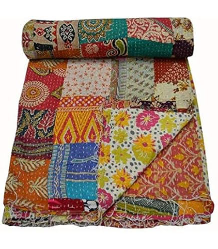 Estationeryhouse Indiase Vintage patchwork Kantha Quilt Handgemaakte Gooi Deken Sprei Zijde Stof BOHEMIAN quilt (108 x 108
