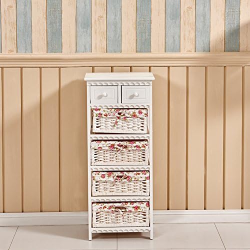 Tason Shabby Chic Rattan Chest of Drawers, White Wooden Storage Cabinet Sideboard Cupboard with Vintage Design and Floral Decor (2 Drawers 4 Baskets)