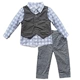iiniim 3pcs Baby Boys Grey Waistcoat + Pants + Plaid Shirts Clothes Sets Outfit Costumes