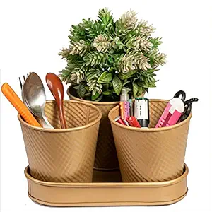 3 Metal Planter or Utensil Pots Set with Tray Caddy for Indoor or Outdoor Use for Living Room Balcony Or for Kitchen Utensils Pots with Drain Holes(Golden Brown)