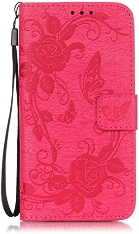 Case for Samsung Galaxy A3 2017 / A320 Case Cover, Leather Wallet Elegant Butterfly Flowers Pattern with Wrist Strap Card Holder Slot Book Style Stand Shell Wallet Case, Hancda Premium Magnetic Flip Cover for Samsung Galaxy A3 2017 / A320 [NOT for A3 2016 / A3 2015] - Rose Red