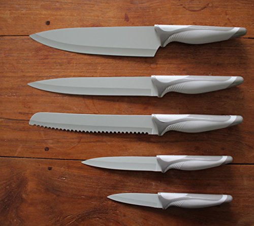 Küchenmesser Set – 5 Qualitäts-Messer mit Klingenschutz – Kochmesser, Brotmesser, Fleischmesser, Gemüsemesser, Schälmesser, antihaft – hygienisch, leicht zu säubern, extra scharf, rutschfeste Griffe - 2