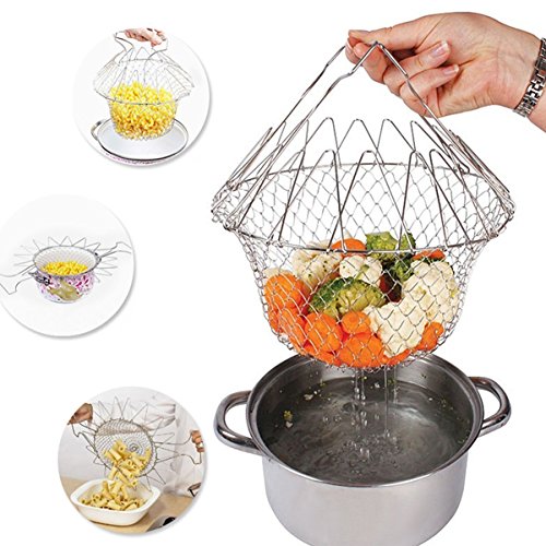 Chef-Kochen, Bratkorb Netz,Edelstahl Faltbare New Küchenhilfe 9.4 x 5.5in Professionell für Easy Fry, Dampf, Spülen, Strain und Lagerung, Kochen Korb - 6