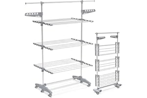 VOUNOT® Séchoir à Linge Pliable avec roulettes Grande Capacité Etendoir en Acier Inoxydable Ailes Pliables sur 3 Niveaux 23m de Séchage pour Usage Intérieur/Extérieur
