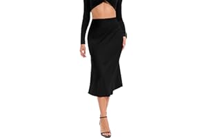 Oyamiki Women's Satin Skirt High Waist Ruffle Hidden Elasticized Waistband Summer Flared Silky Flowy Long A-Line Midi Skirts