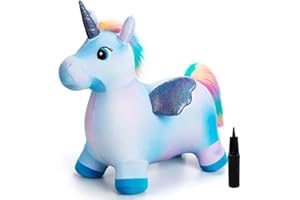 U&C Planet Hüpftier, Blauer Einhorn Hüpfpferd Animal Hopper mit Plüschdecke,100kg Tragfähigkeit, Springpferd für Kinder 1-6 Jahre, Geschenk für Geburtstag & Weihnachten, Indoor & Outdoor