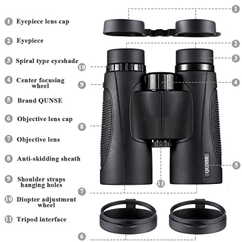 QUNSE Prismáticos Profesionales, Compactos 10x42 HD, Prismas Superiores Bak4 y Lentes ópticos FMC, Para Observación de Aves, Camping, Conciertos, Caza, Safaris al Aire Libre.