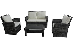 COZYBRITE Rattan Sofa Garden Furniture Set 4 Seater with Armchair Cushions Coffee Table & Outdoor Waterproof Cover SFS009- (Mixed Grey with Light Cushions)