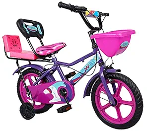 Norman Jr -JY22- Double Seated Bicycle Designed in Scandinavia EU Kids Bike Bicycle for Toddlers and Kids 14 Inch Fully Adjustable with Back Seat & Support for Boys and Girls Cycle for 2 to 5 Years-Purple Cloud with Pink Sparrow