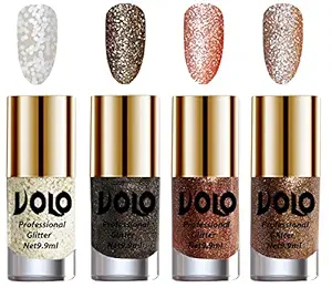VOLO Nail Polish Combo, Shimmery Finish, White Nail Art And Glitter, Dark Grey Glitter, Peach Glitter, Light Golden Glitter, 39.6 Ml