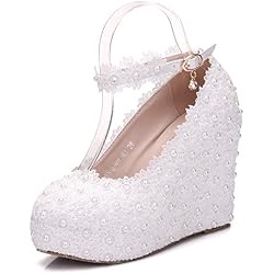 XLY Zapatos de Novia de Encaje Blanco, Hebilla de cinturón con Zapatos de cuña, Plataforma Impermeable, Zapatos de Mujer de Gran tamaño,White,37