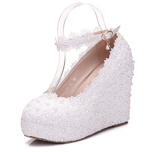 XLY Zapatos de Novia de Encaje Blanco, Hebilla de cinturón con Zapatos de cuña, Plataforma Impermeable, Zapatos de Mujer de Gran tamaño,White,37