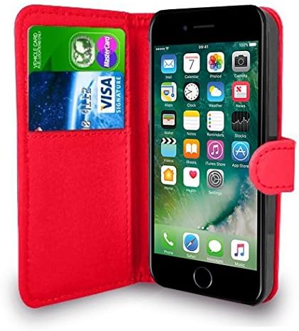 Premium Leather Flip Wallet Case Cover iPhone 7 Case RED Pouch For iPhone 7 + FREE SCREEN PROTECTOR by Traderia