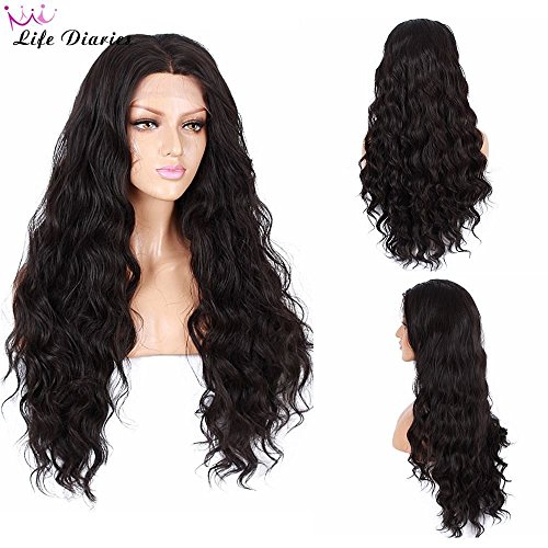 Life Diaries 250%Density Fashion Long Natural Wave 10%Human Hair+90%Heat Resistant Fiber Glueless Lace Front Synthetic Wig For Women(26″,Black) - 2