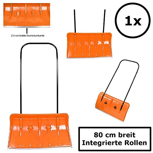 1x BBT@ Schneeschieber auf Rollen Orange / Extra breite 80 cm für große Flächen / Leichtgängig durch integrierte Rollen und Alu-Schiebestange