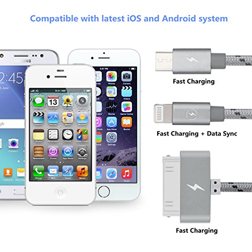 EliteSoft Ladekabel Micro-USB High Speed  4.9ft 3 in 1. Apple iPhone 6 5 4 und Android Smartphones Tablets, Lightning mit Datenübertragung Aluminium 2 Kabel - 5