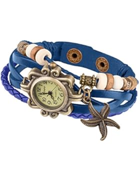 Taffstyle Damen Armbanduhr aus geflochtenem Leder mit Charms Anhänger Seestern - Blau