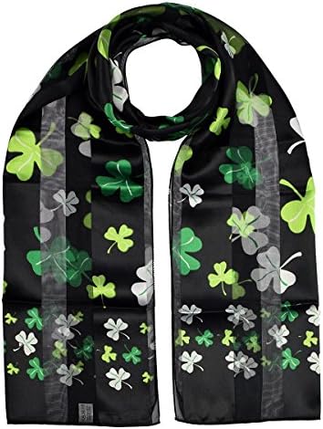 St. Patrick Clover, Shamrock Print Satin Stripe Scarf, Black