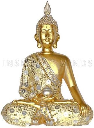 Buddha statue | Sitting Thai Buddha with offer scale | Height 22cm | Color: Gold | Decorative items for home and garden |
