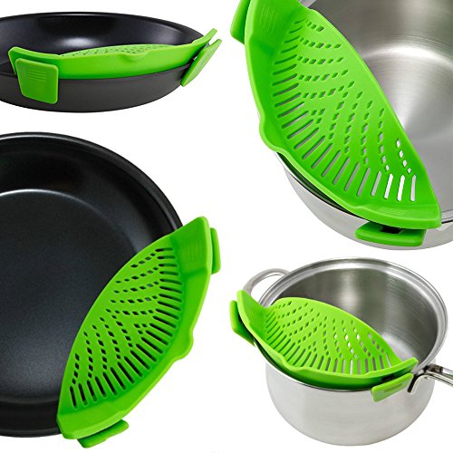 Silikon-Snap-Sieb mit 2 Zusammenklappbaren Trichtern, FineGood Hands-Free Clip-on Hitzebeständiger Colander Pour-Auslauf für Pasta Gemüse-Nudeln Topfschale Pan – Green - 4